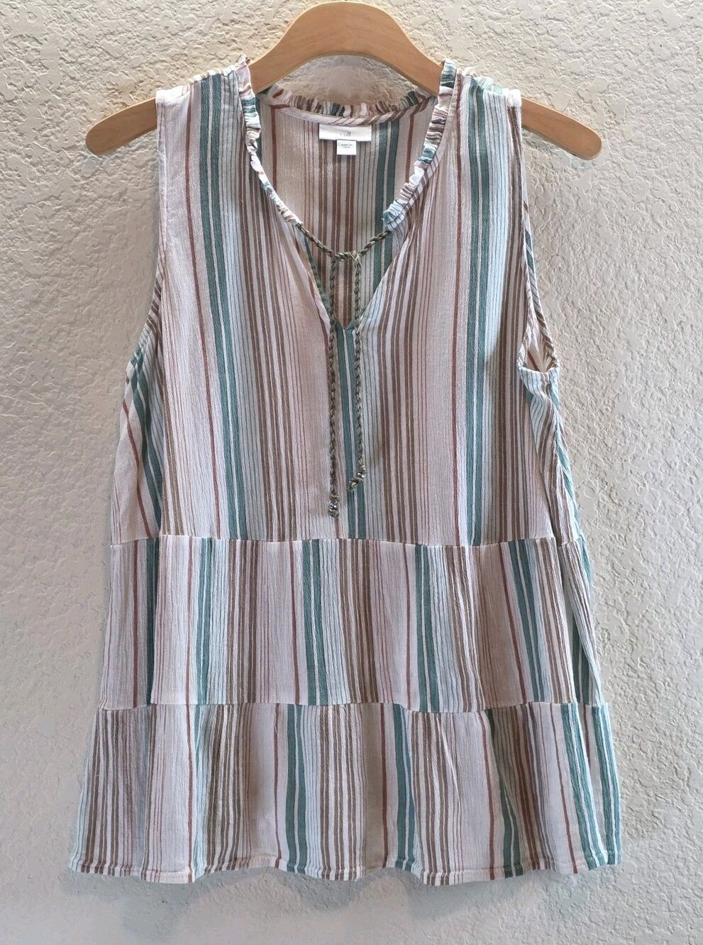J.Jill Women L Sleeveless Tunic Top Striped Boho Cottagecore Coastal Cotton